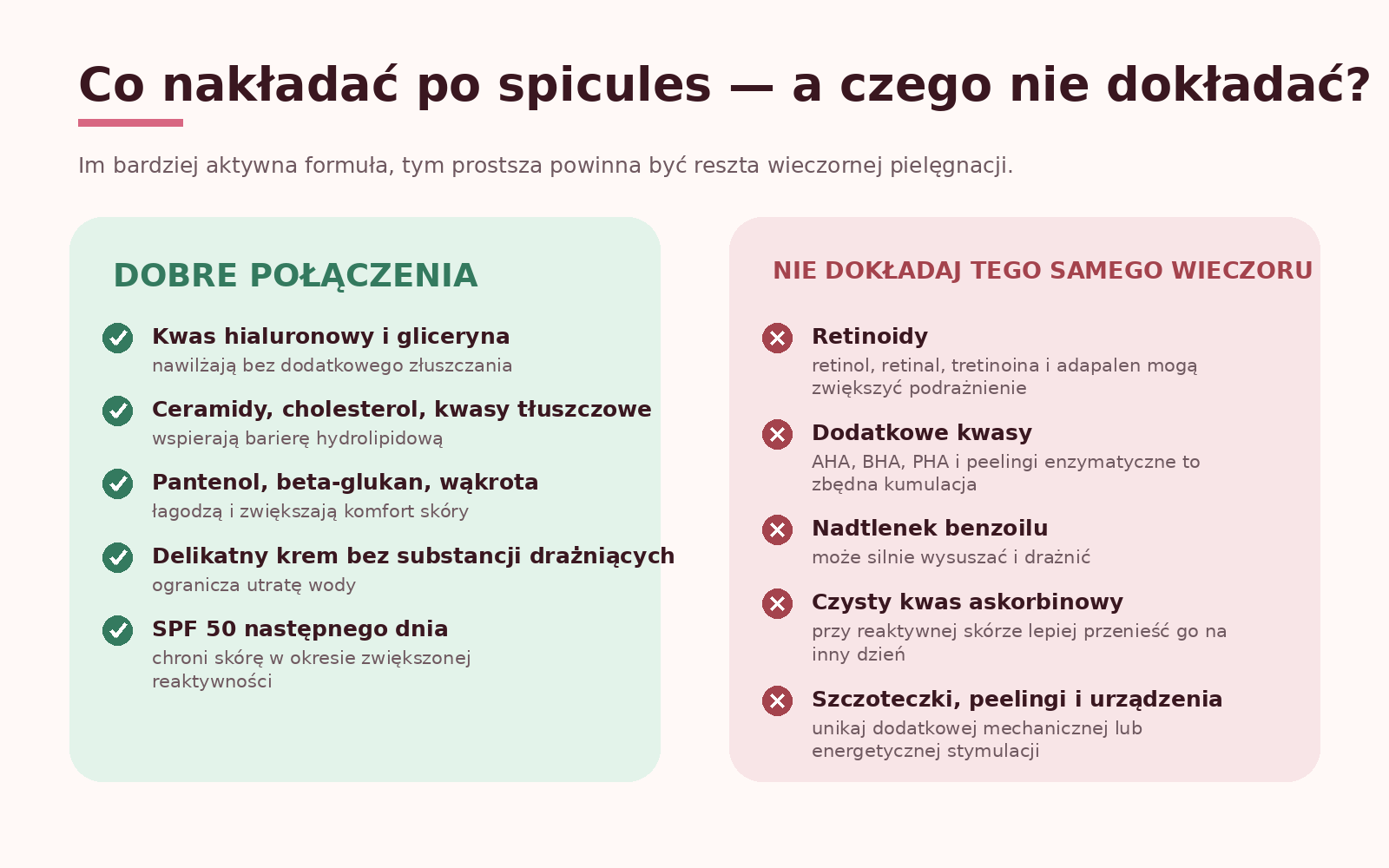 Co nakładać po spicules - a czego nie dokładać?