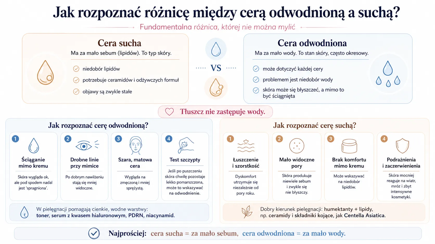 Jak rozpoznać różnicę między cerą odwodnioną a suchą?