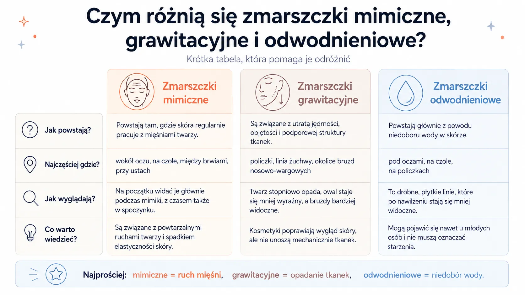 Czym różnią się zmarszczki mimiczne, grawitacyjne i odwodnieniowe?